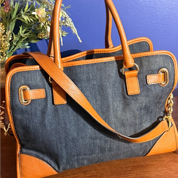 Michael Kors Hamilton Satchel- Denim w/Brown Leather trim- large- gold hardware - Picture 3 of 7